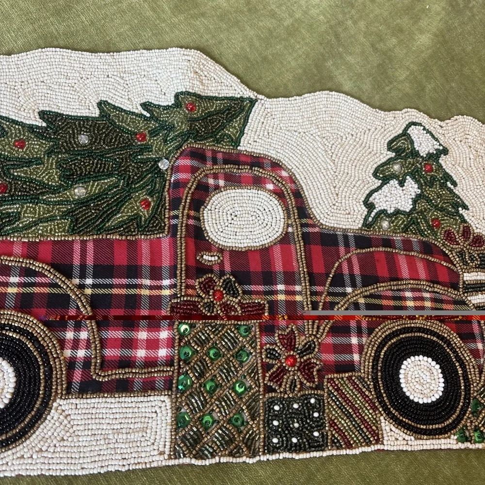 Winter Wonderland Beaded Farm Truck Table Runner Holiday Centerpiece Christmas